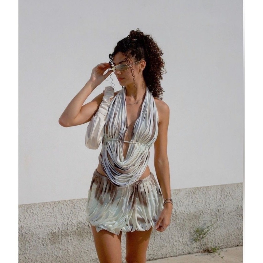 Micas Women Abstract Tie Dye 2 Piece Set Halter Draped Top Fringed Mini Skirt L